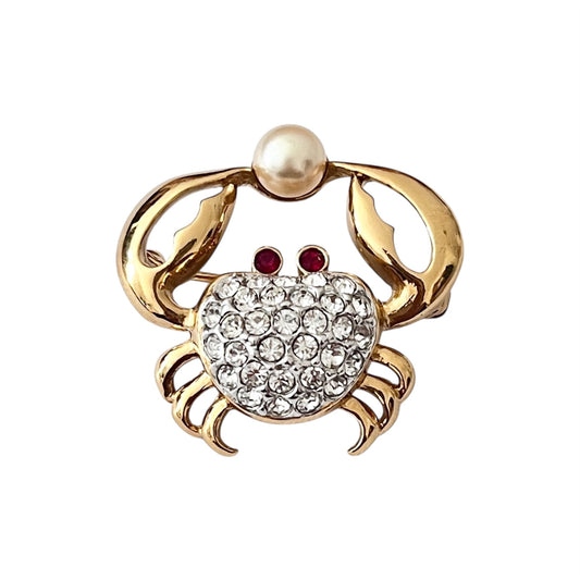 1980s Attwood & Sawyer Crab Faux Pearl Swarovski Crystals 22ct Gold Plated Brooch