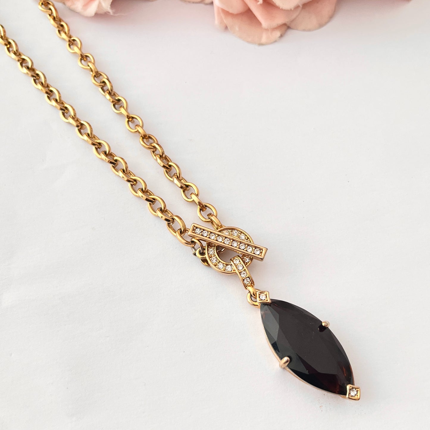 1960s Napier Gold Plated Brown Diamanté T-Bar Pendant Necklace