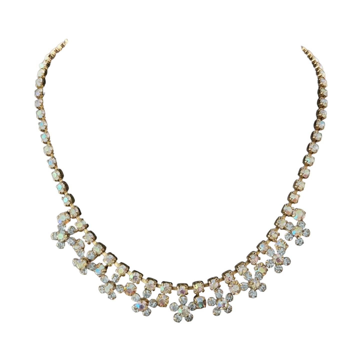 1940s Aurora Borealis Baby Blue Diamanté Flower Necklace
