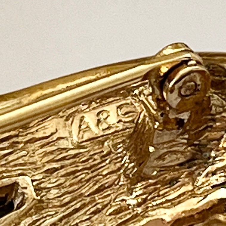 1980s Attwood & Sawyer Swirly Blue and Green Enamel Swarovski Crystals 22ct Gold Plated Brooch