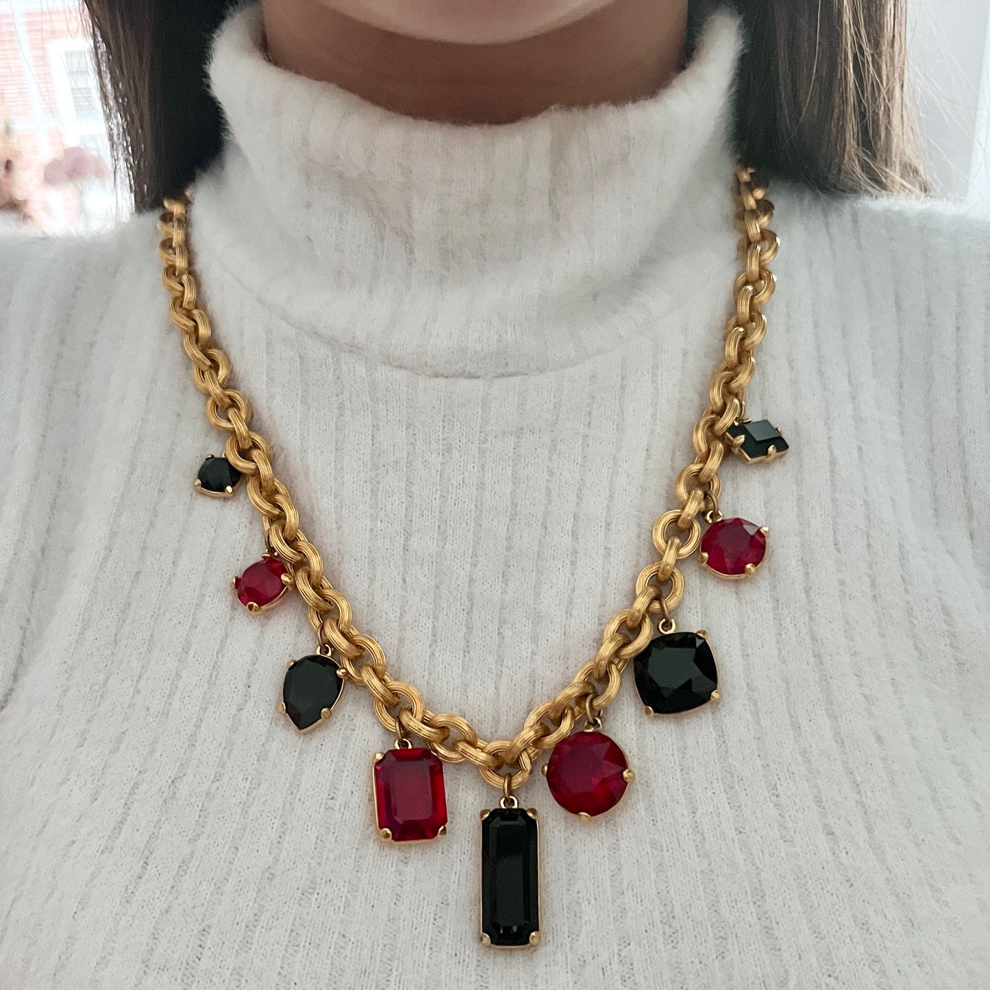 1980s Monet Black And Red Diamanté Gold Plated Statement Necklace