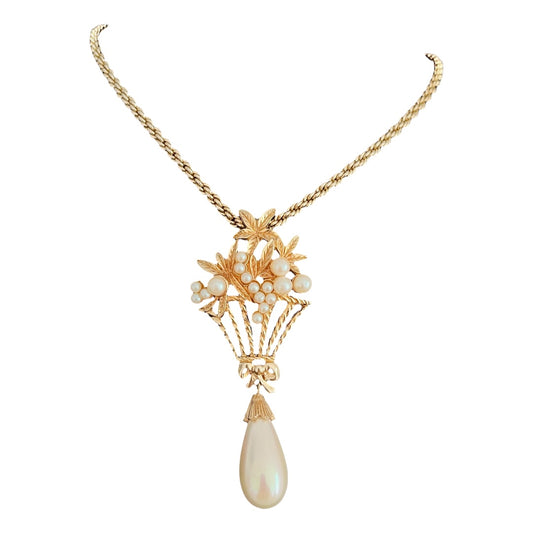1980s Christian Dior Germany Flower Basket Gold Plated Faux Pearl Bow Pendant Necklace