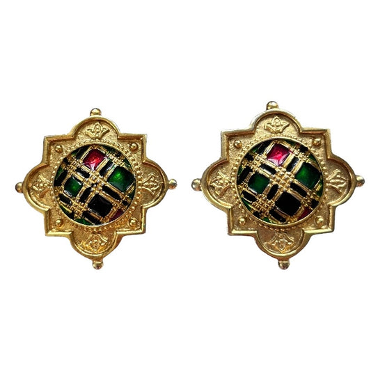 1980s Butler & Wilson Gold Plated Black Red and Green Enamel Tartan Clip On Earrings