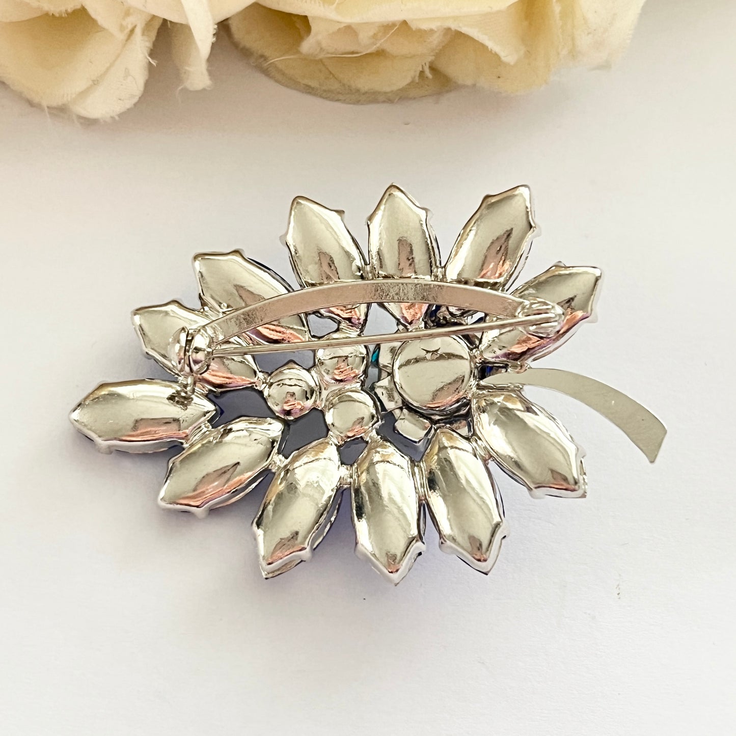 1950s Mermaid Blue Aurora Borealis and Diamanté Floral Brooch