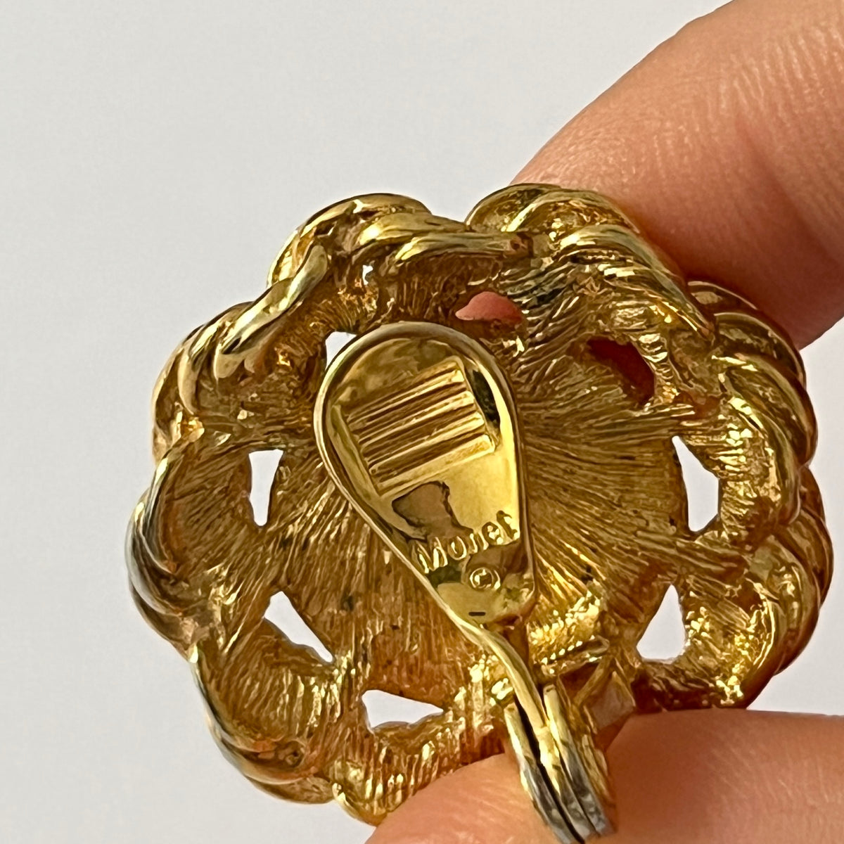1980s Monet Gold Plated Faux Pearl Chunky Statement Clip On Earrings