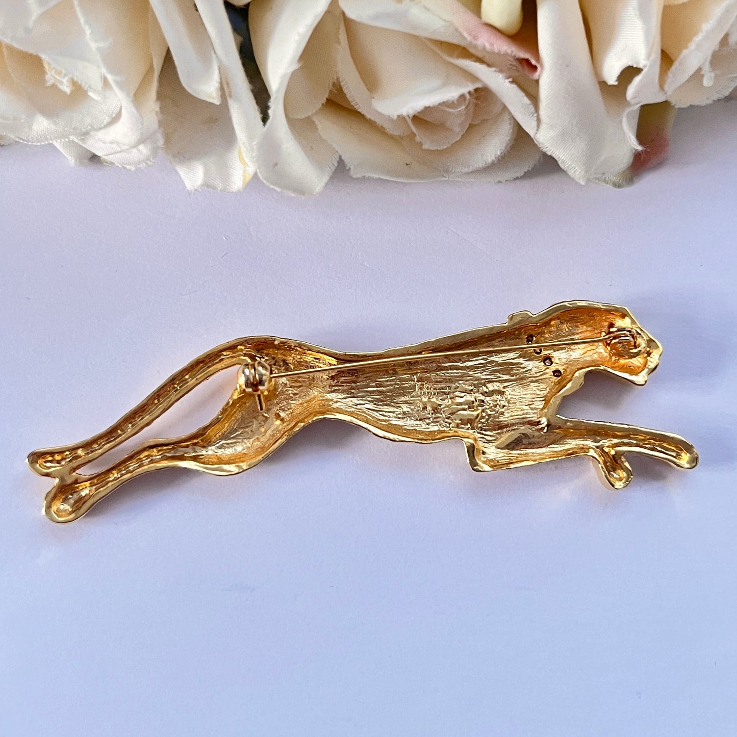 1980s Leaping Panther Gold Plated Diamanté Statement Brooch