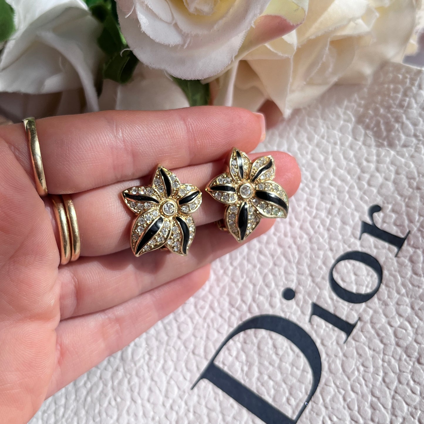 1980s Christian Dior Germany Gold Plated Black Enamel Diamanté Clip On Earrings