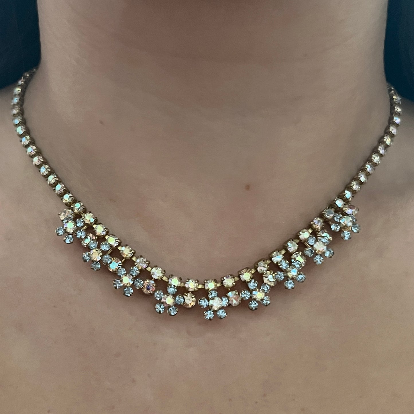 1940s Aurora Borealis Baby Blue Diamanté Flower Necklace