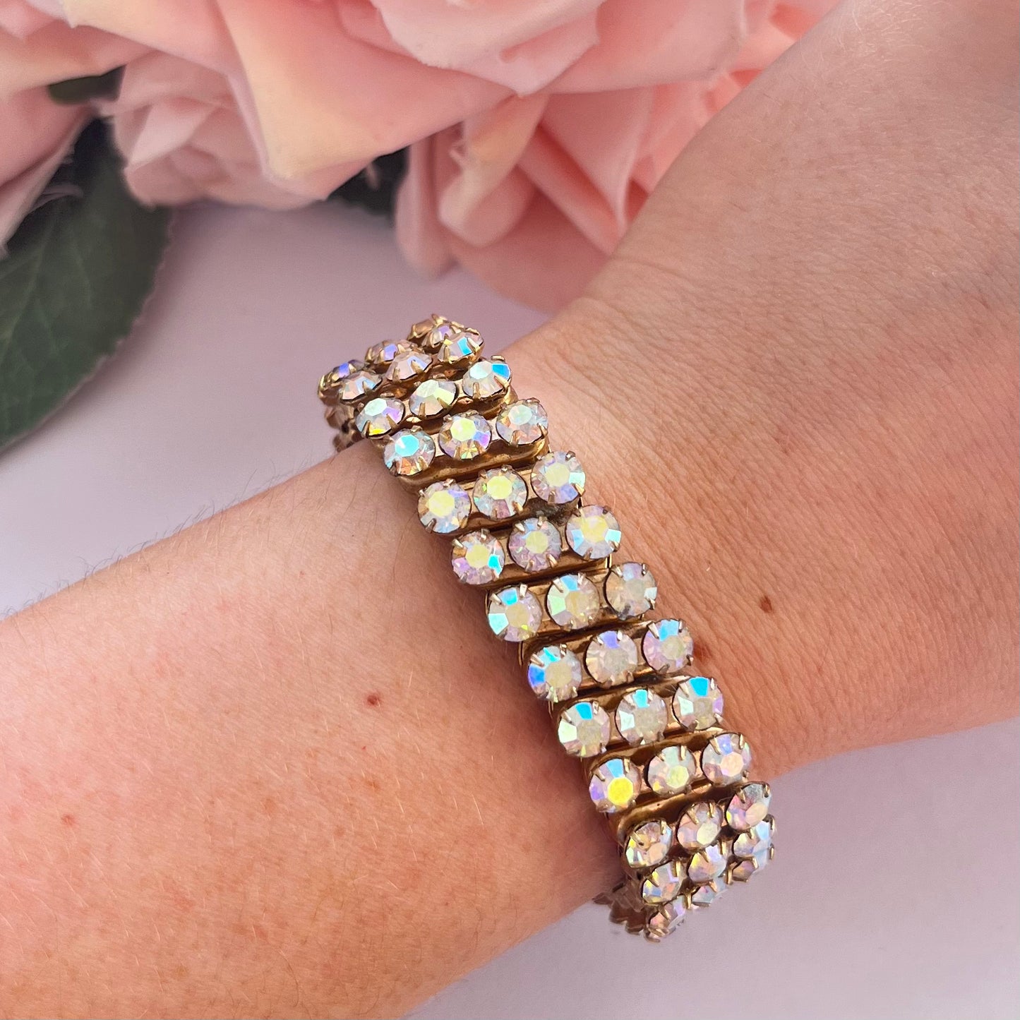 1950s Aurora Borealis Gold Plated Expandable Cuff Bracelet
