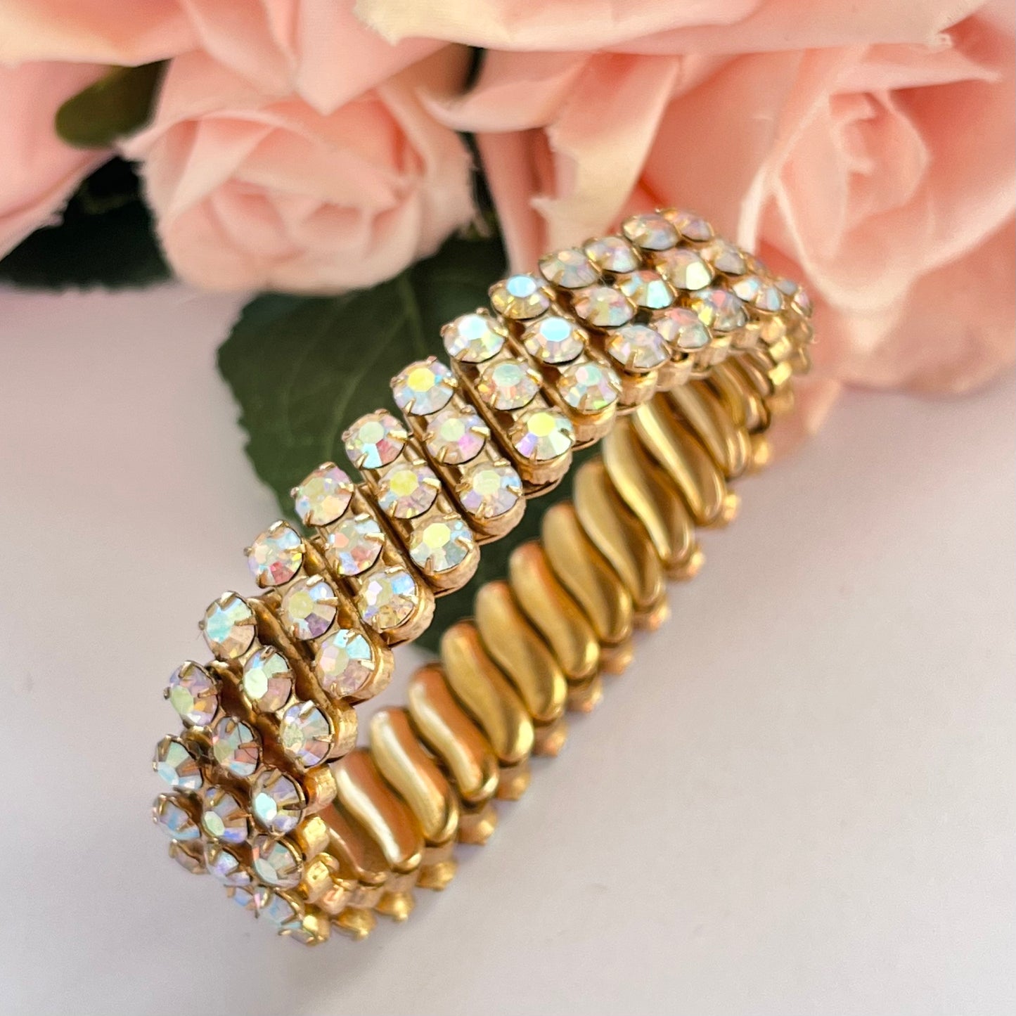 1950s Aurora Borealis Gold Plated Expandable Cuff Bracelet