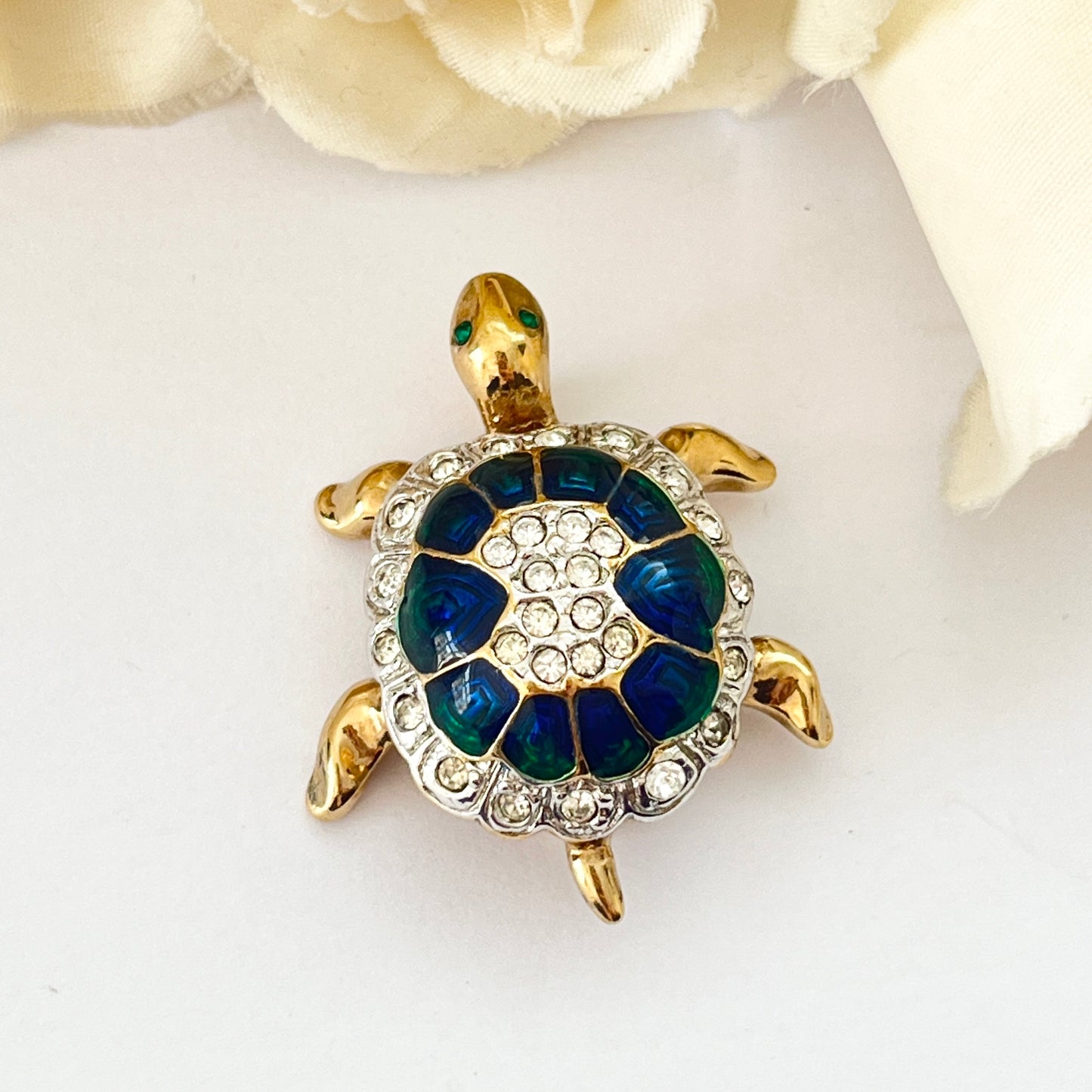 1980s Attwood & Sawyer Turtle Blue and Green Enamel Swarovski Crystals 22ct Gold Plated Brooch