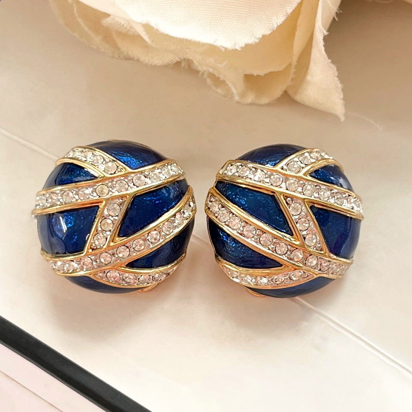 1980s Royal Blue Enamel Diamanté Gold Plated Circle Clip On Earrings