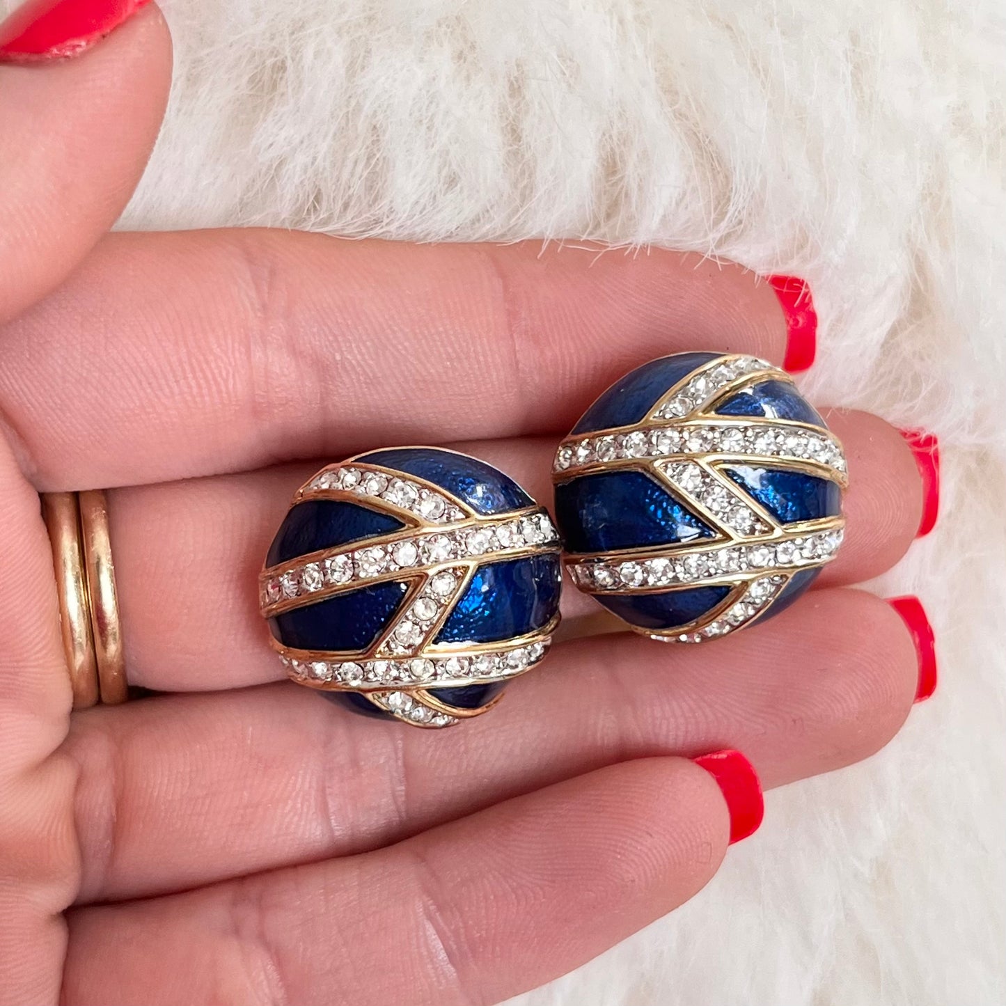 1980s Royal Blue Enamel Diamanté Gold Plated Circle Clip On Earrings