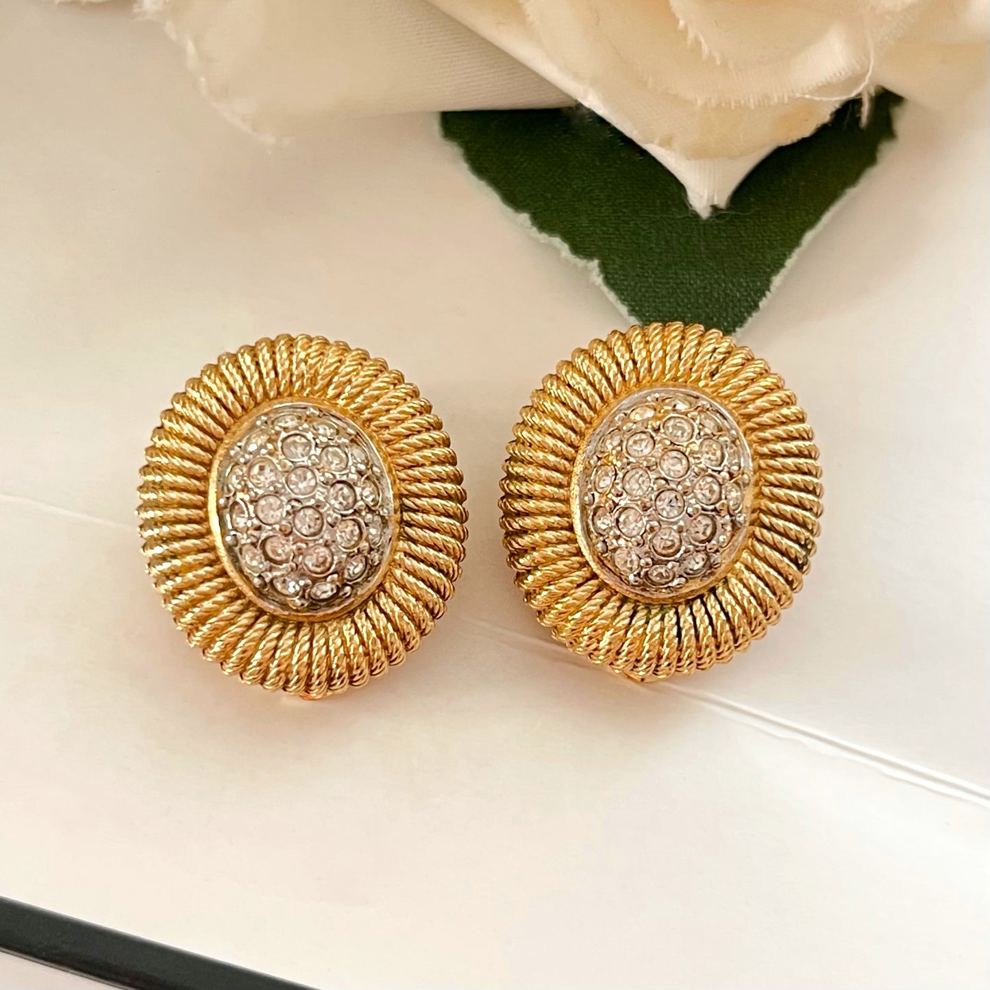 1980s Burberry Gold Plated Diamanté Clip On Earrings