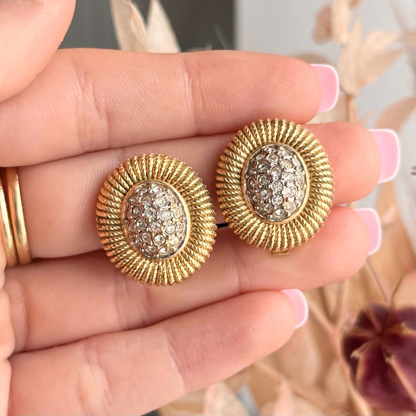 1980s Burberry Gold Plated Diamanté Clip On Earrings