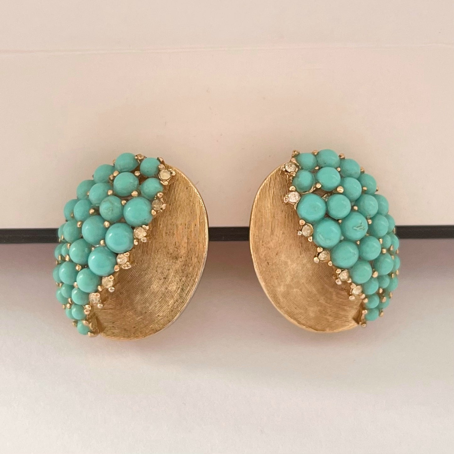 1960s Trifari Faux Turquoise Brushed Gold Plated Clip On Earrings