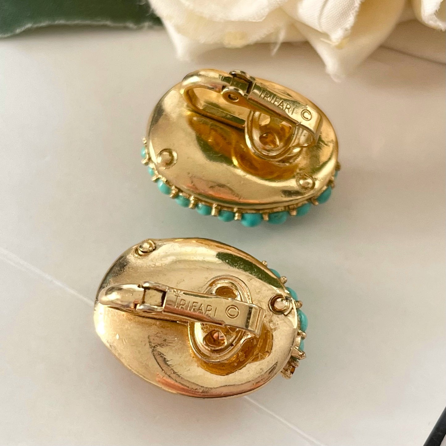 1960s Trifari Faux Turquoise Brushed Gold Plated Clip On Earrings