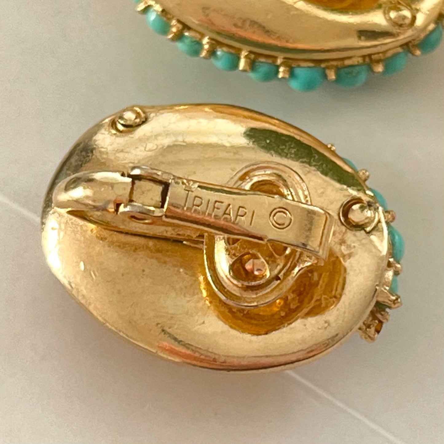 1960s Trifari Faux Turquoise Brushed Gold Plated Clip On Earrings