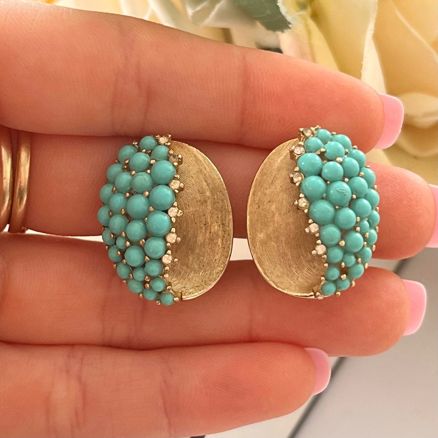 1960s Trifari Faux Turquoise Brushed Gold Plated Clip On Earrings