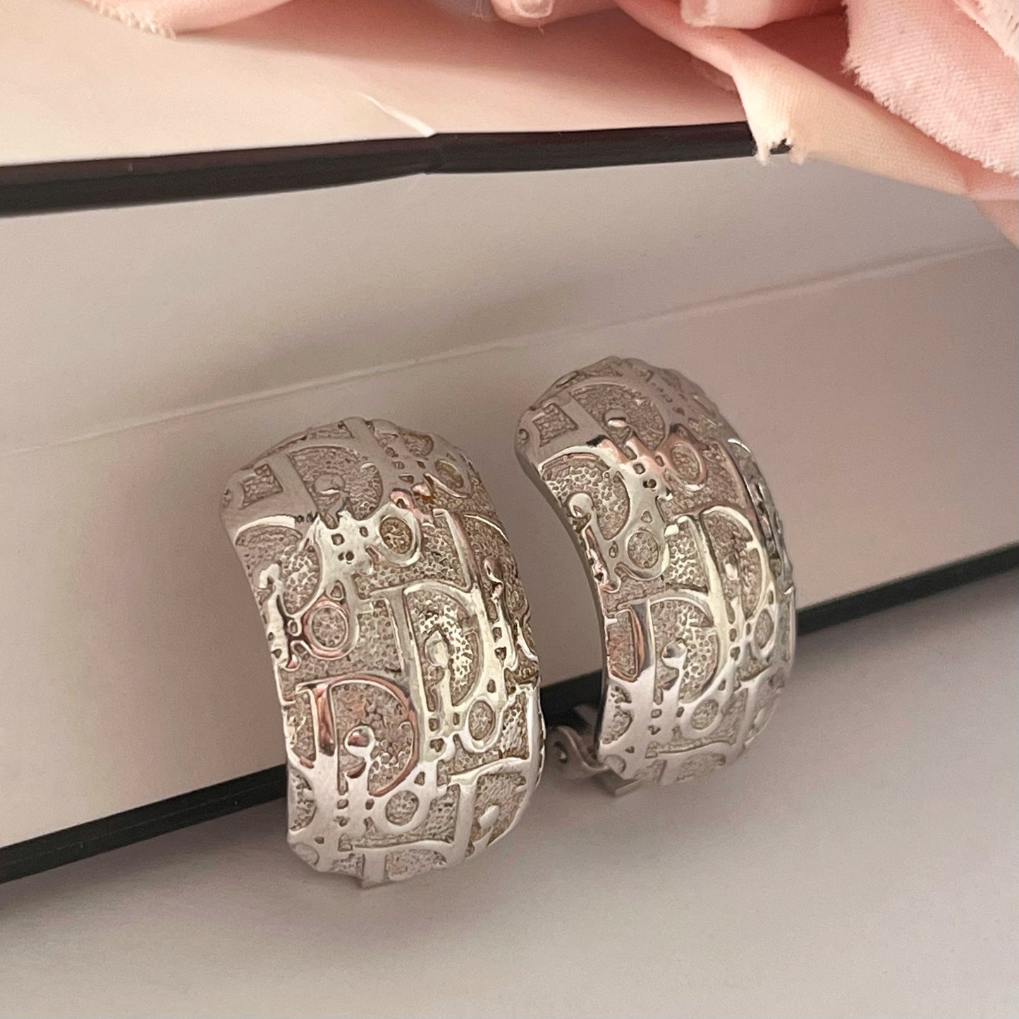 1980s Christian Dior Germany Silver Plated Monogram Clip On Earrings