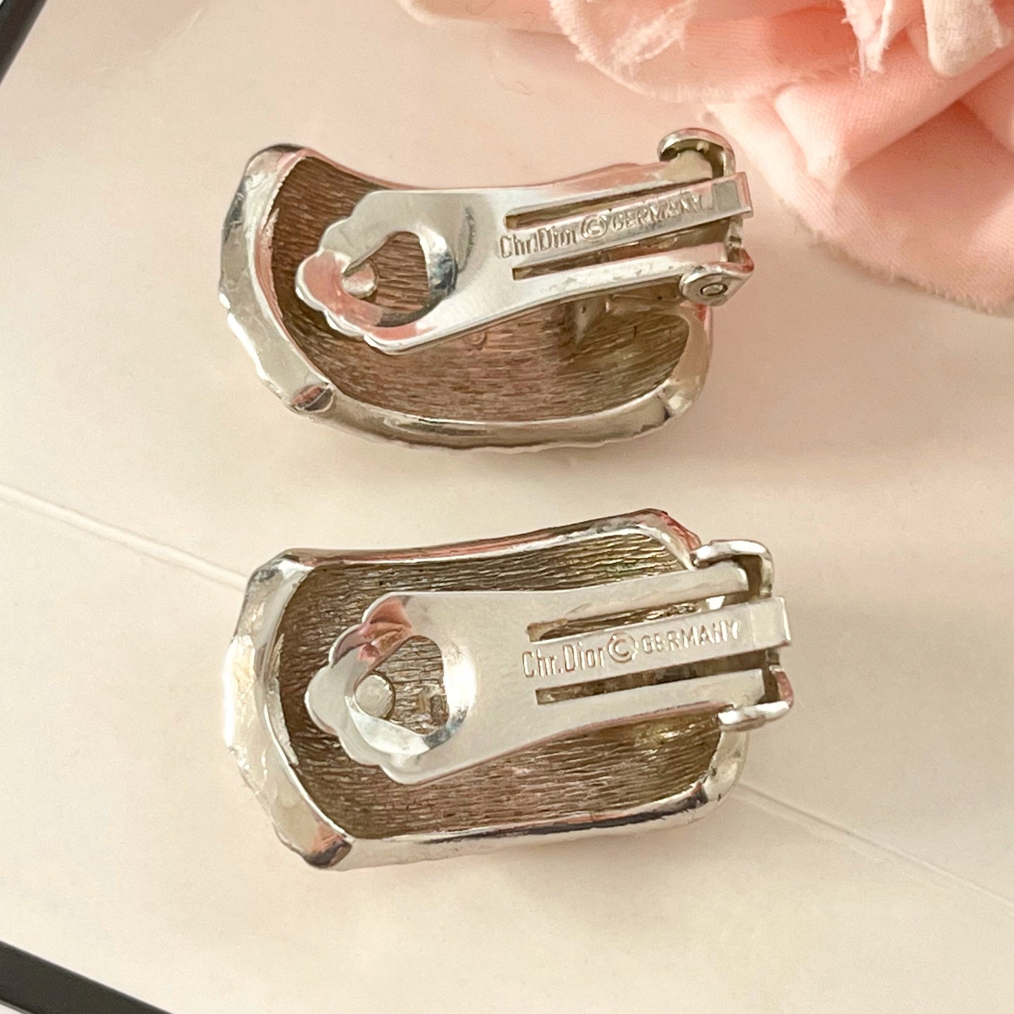 1980s Christian Dior Germany Silver Plated Monogram Clip On Earrings