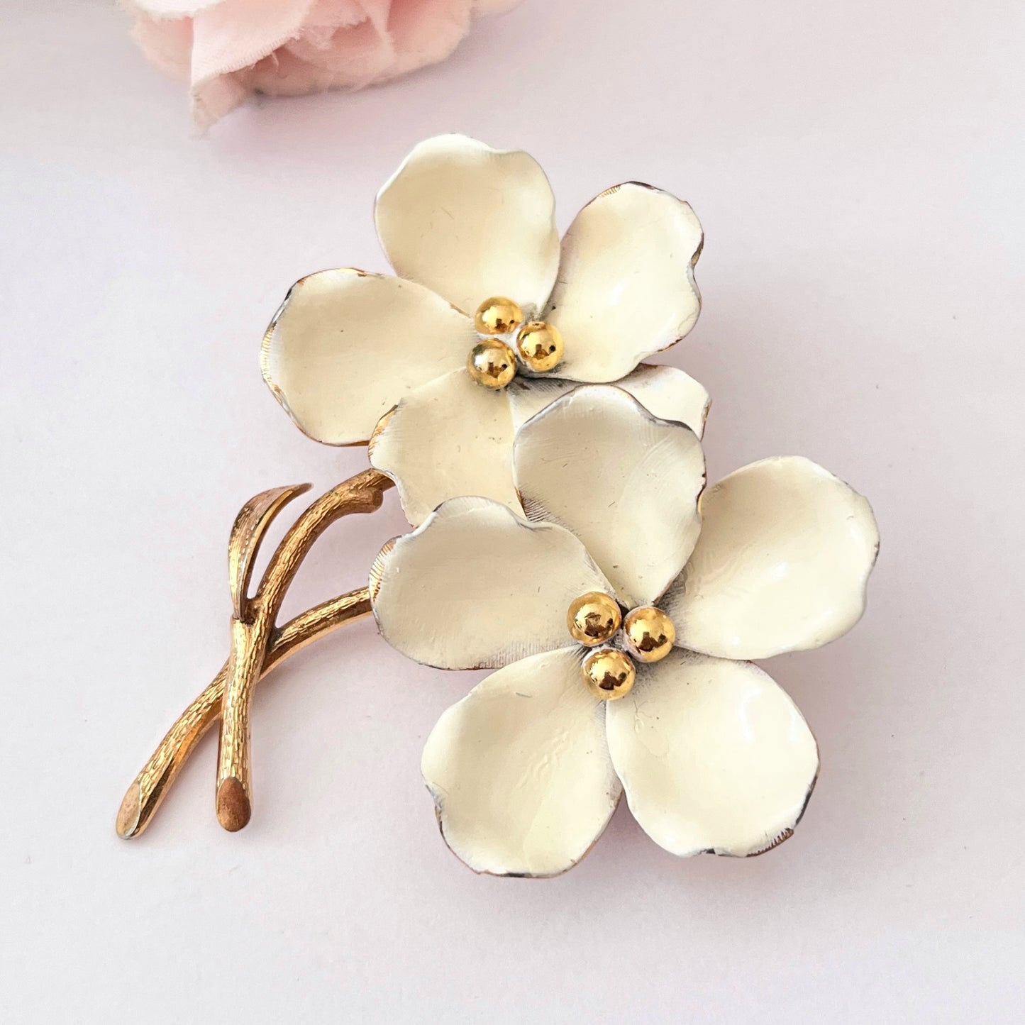 1967 Christian Dior Cream Hand Painted Gold Plated Flower Brooch