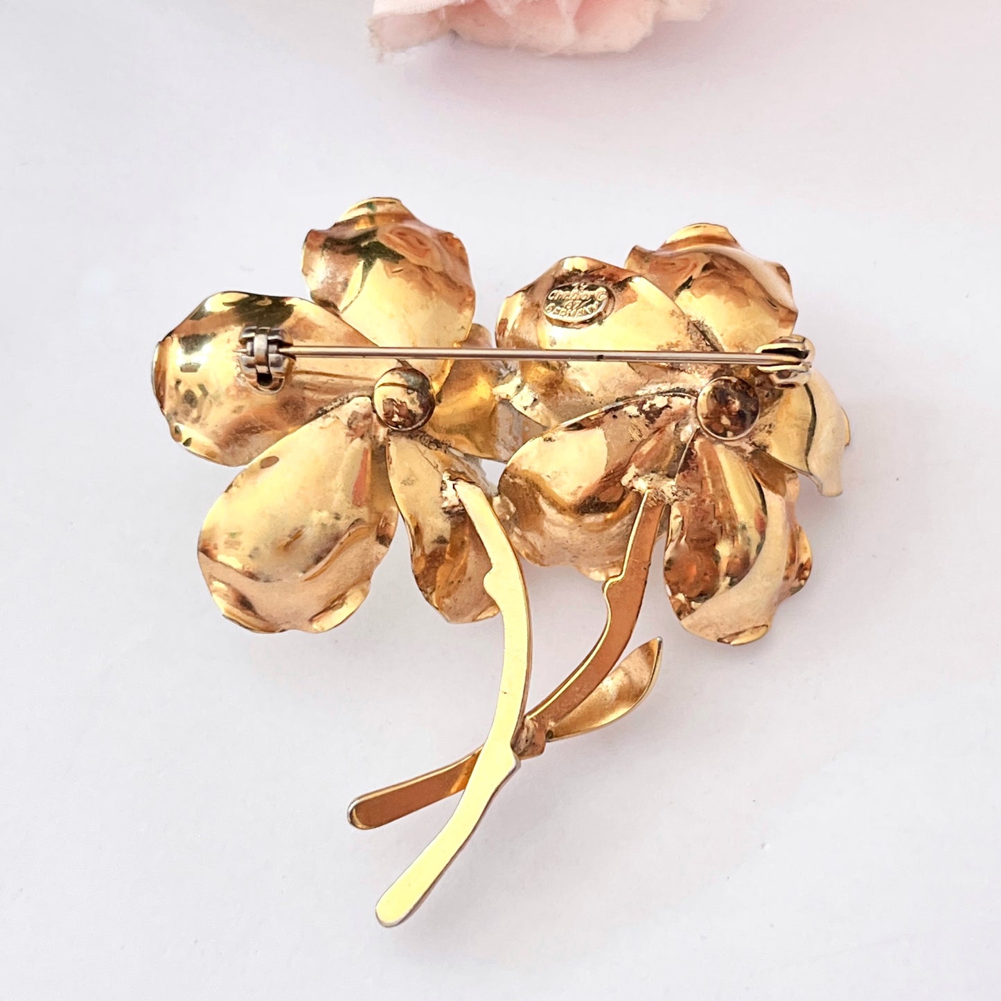 1967 Christian Dior Cream Hand Painted Gold Plated Flower Brooch