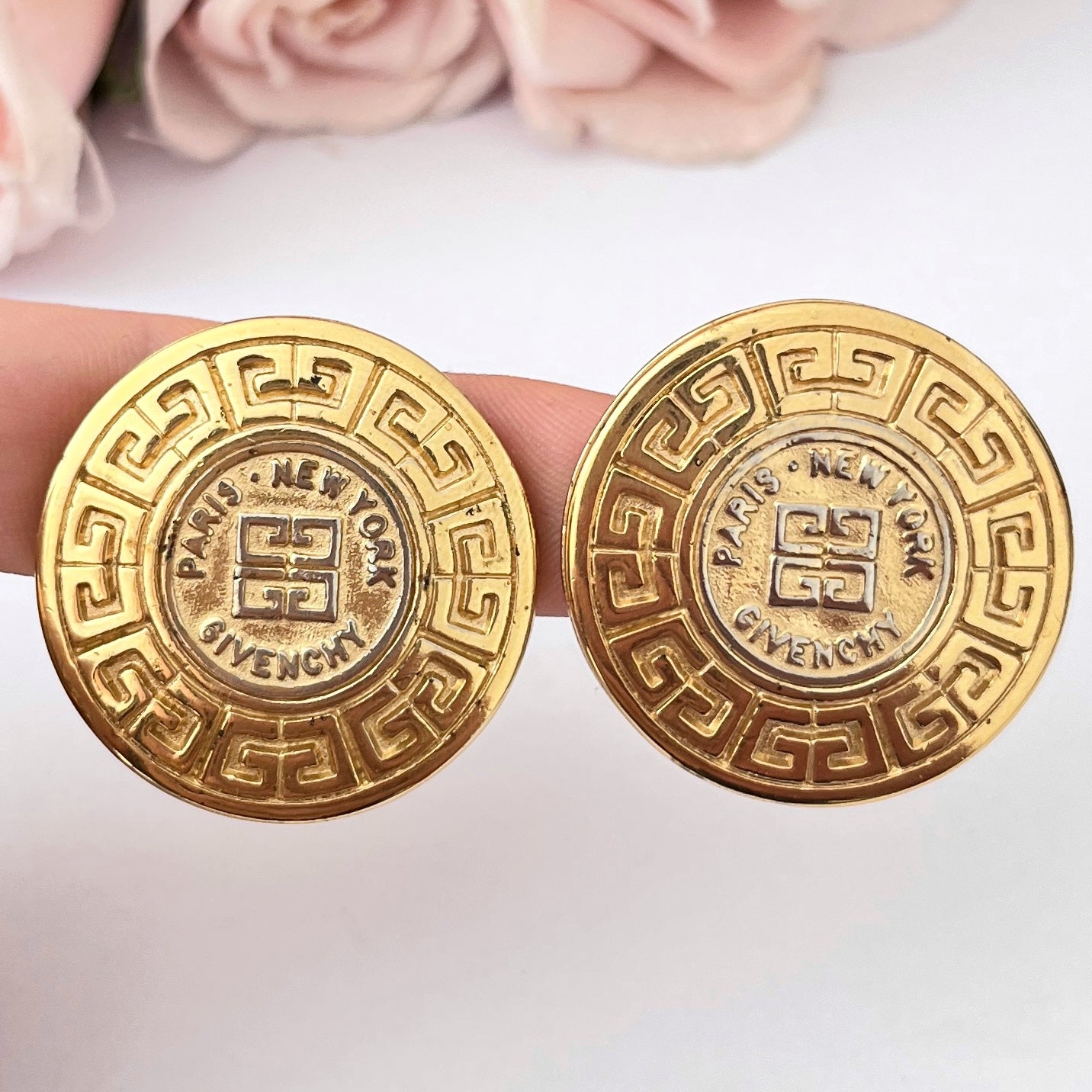 1980s Givenchy Gold Plated Monogram Circle Clip On Earrings