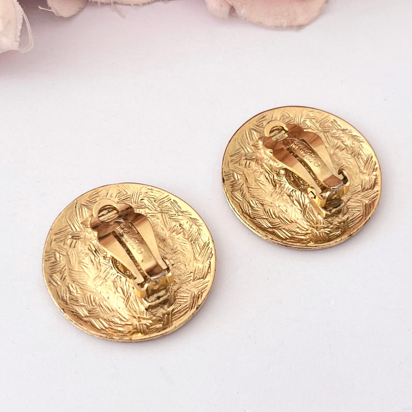1980s Givenchy Gold Plated Monogram Circle Clip On Earrings