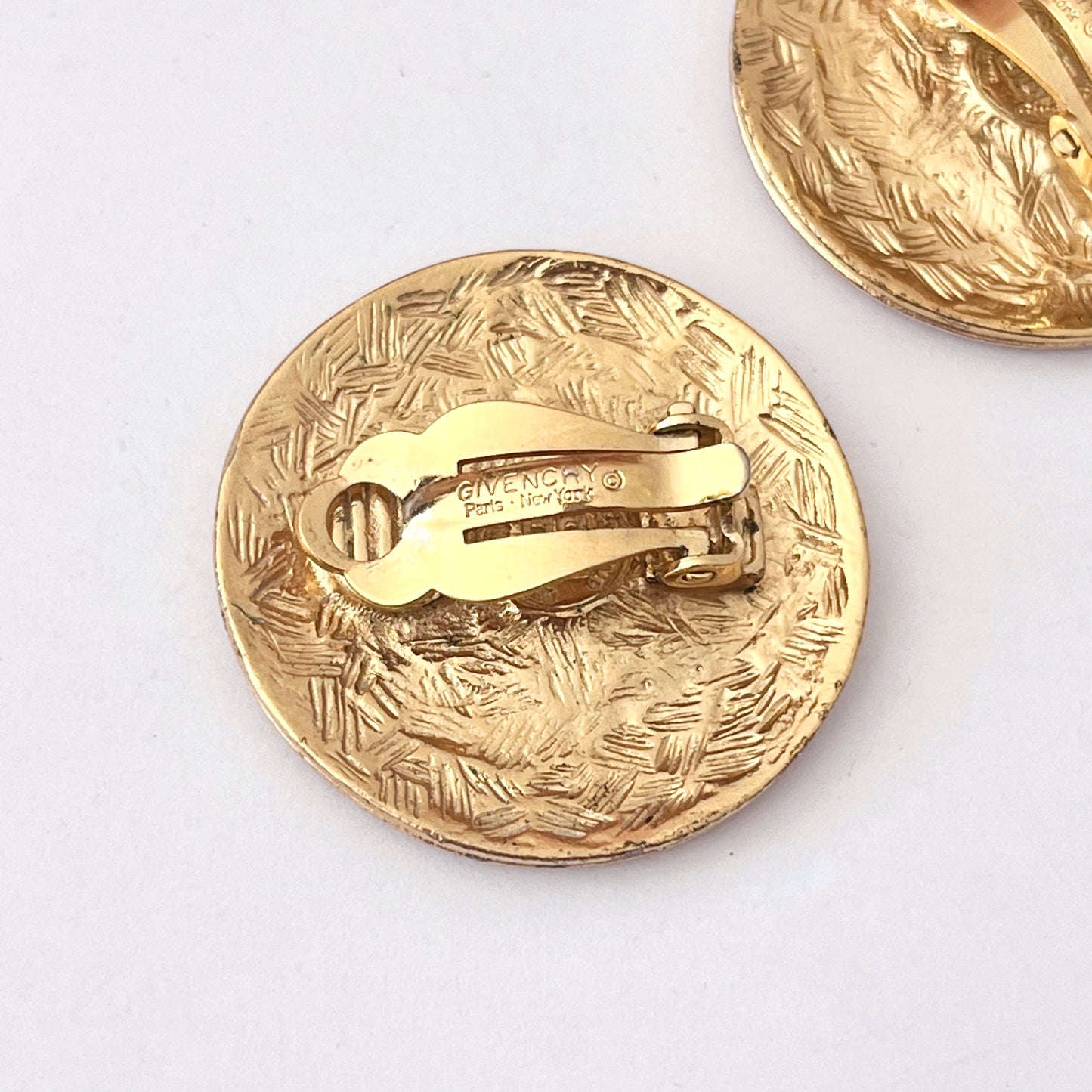 1980s Givenchy Gold Plated Monogram Circle Clip On Earrings