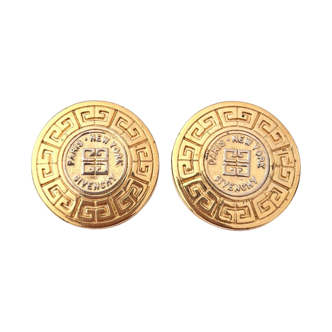 1980s Givenchy Gold Plated Monogram Circle Clip On Earrings