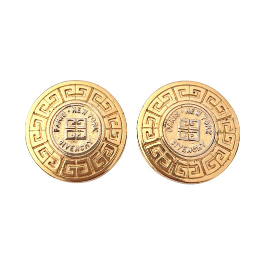 1980s Givenchy Gold Plated Monogram Circle Clip On Earrings