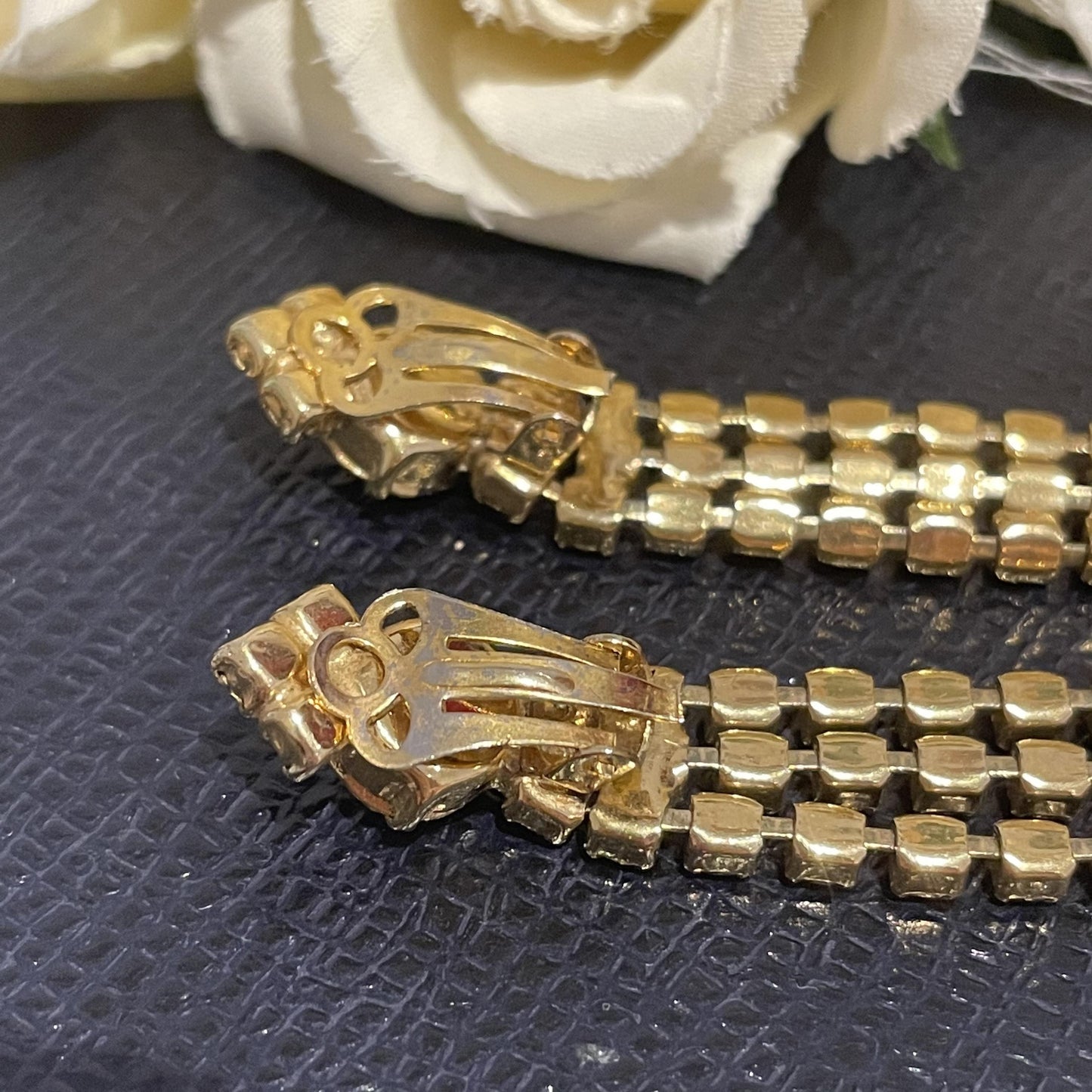 1950s Sparkly Gold Plated Citrine Diamanté Dangly Clip On Earrings