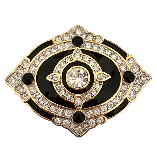 1980s Gold Plated Black Enamel Diamanté Brooch