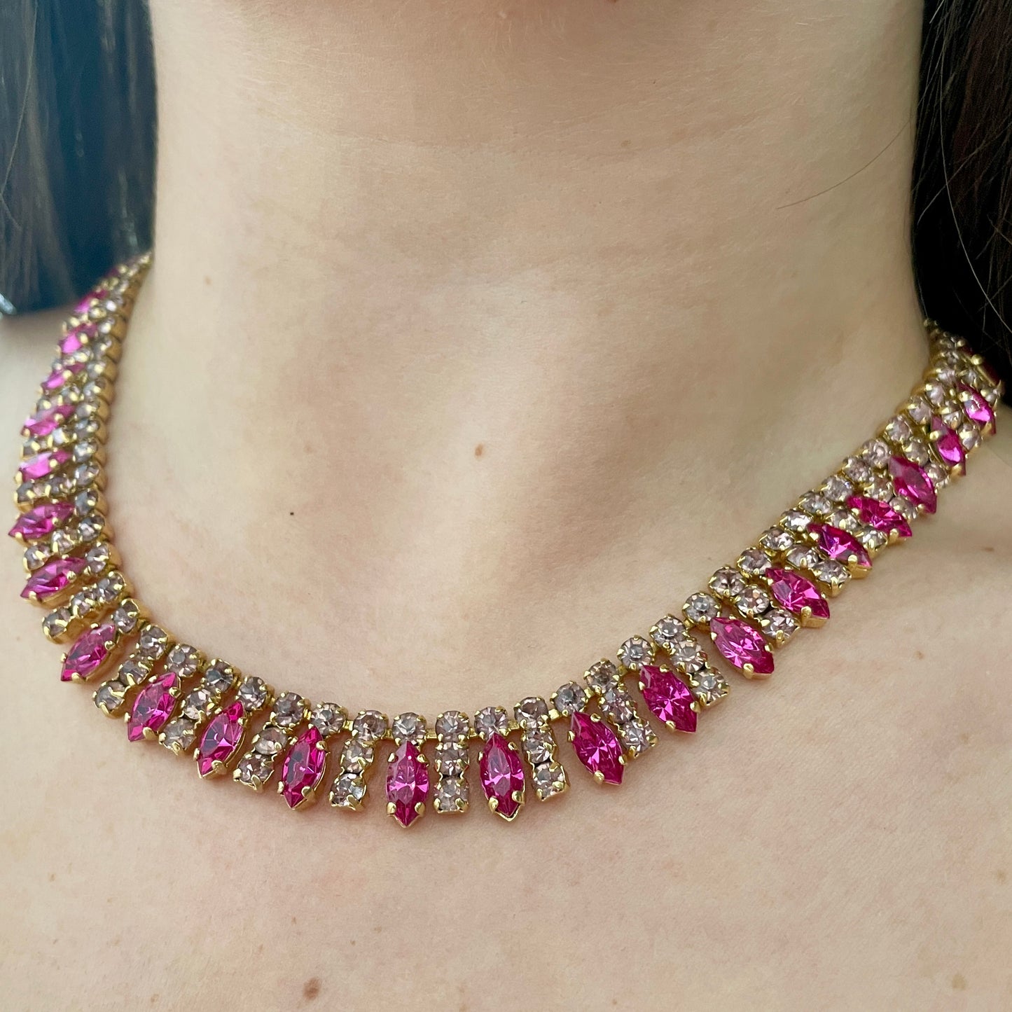 1950s Statement Lilac and Hot Pink Diamanté Bling Necklace