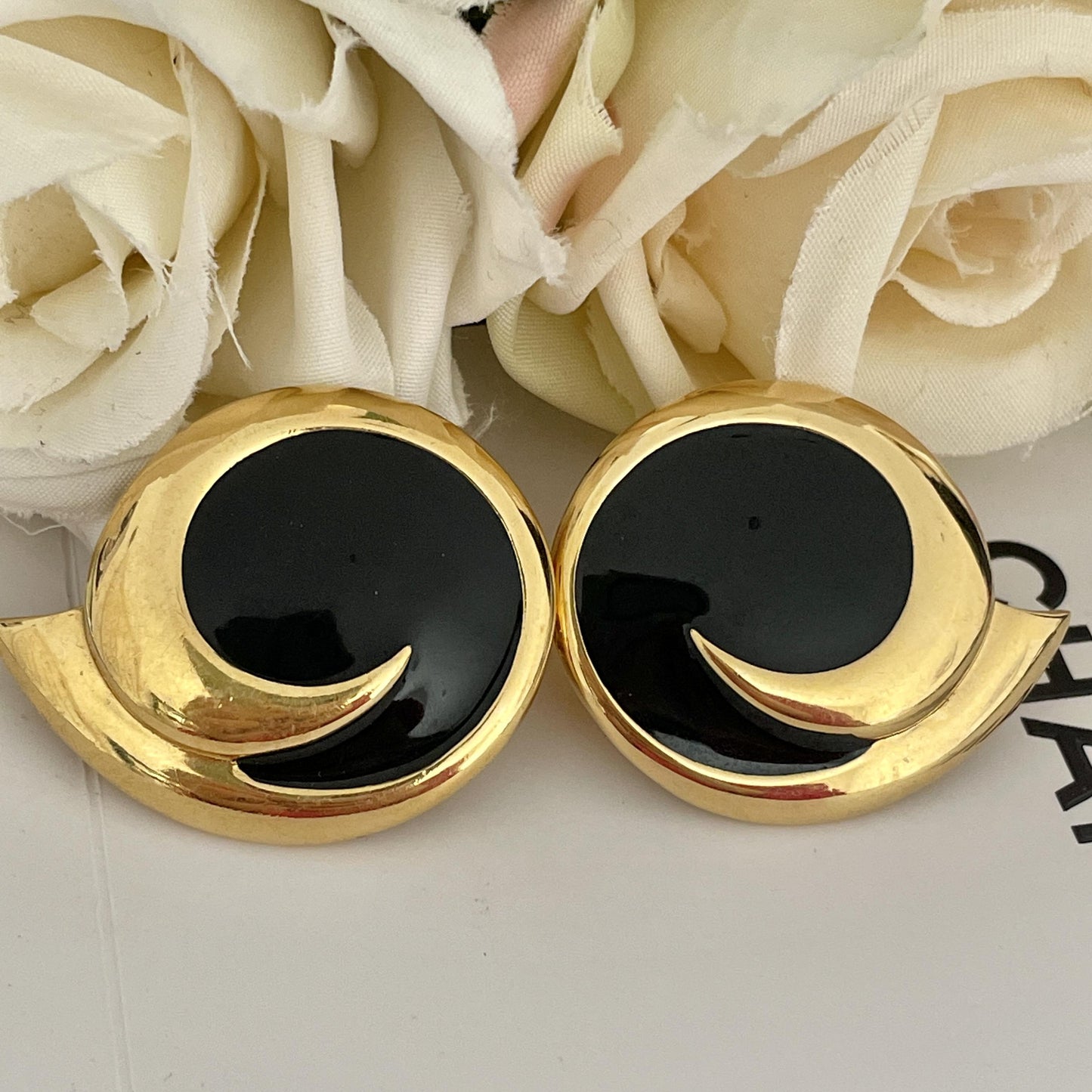 1980s Monet Black Enamel Gold Plated Pierced Statement Earrings