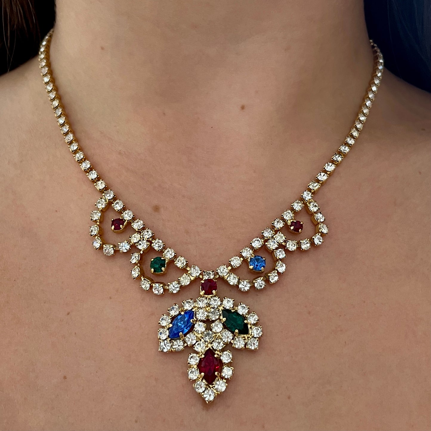 1980s Harlequin Sparkly Diamanté Gold Plated Necklace