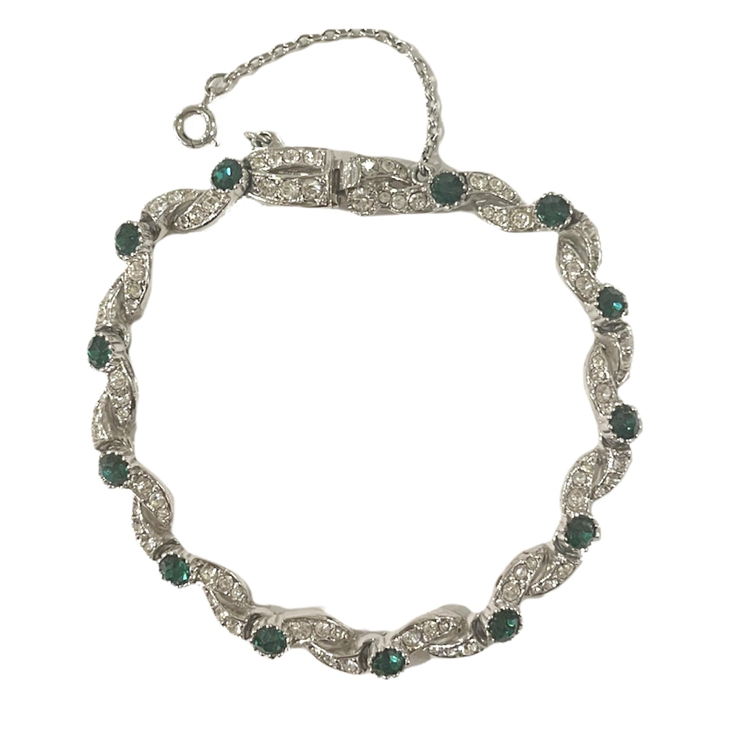 1940s Rhodium Plated Sparkly Emerald Green Diamanté Bracelet