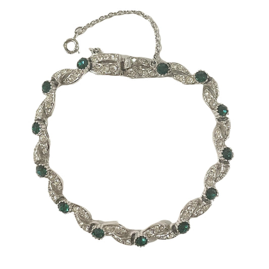 1940s Rhodium Plated Sparkly Emerald Green Diamanté Bracelet