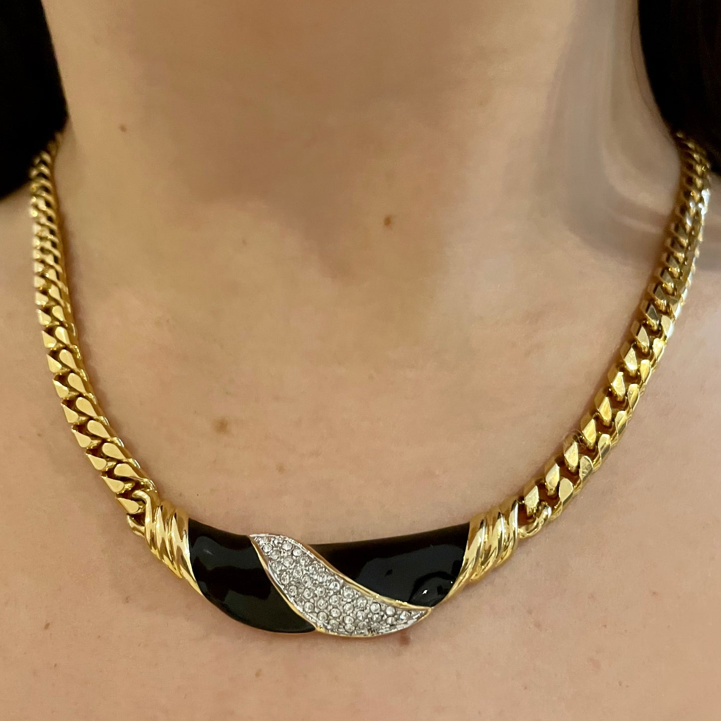 1980s Black Enamel Gold Plated Statement Chain Necklace