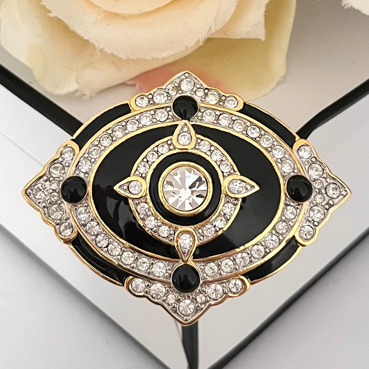 1980s Gold Plated Black Enamel Diamanté Brooch