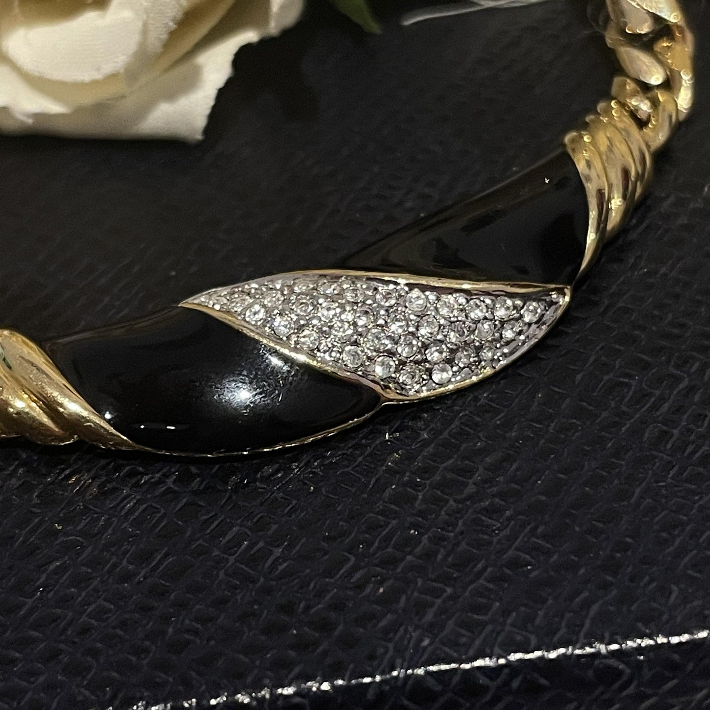 1980s Black Enamel Gold Plated Statement Chain Necklace