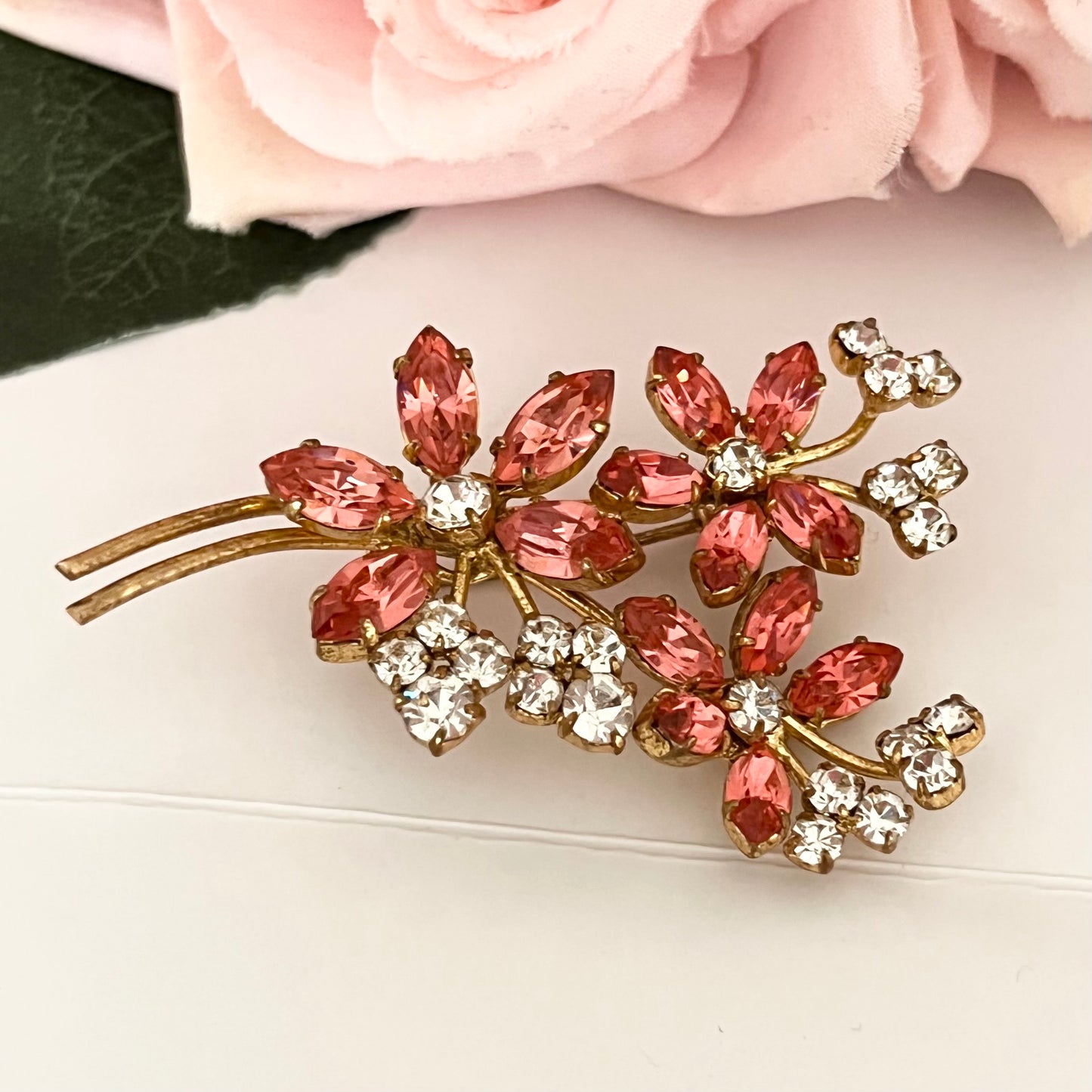 1940s Pretty Pink And Silver Gold Plated Diamanté Flower Brooch