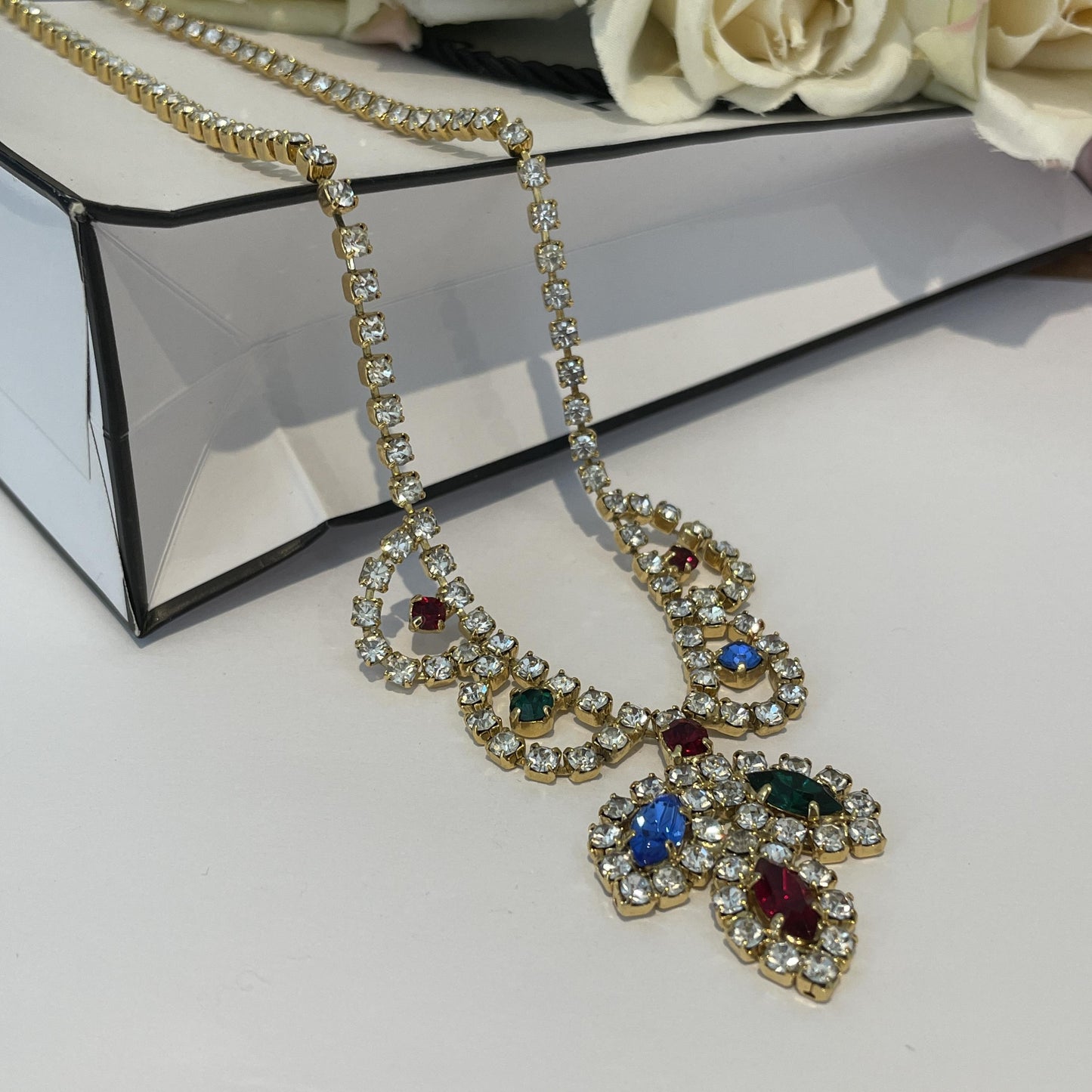 1980s Harlequin Sparkly Diamanté Gold Plated Necklace