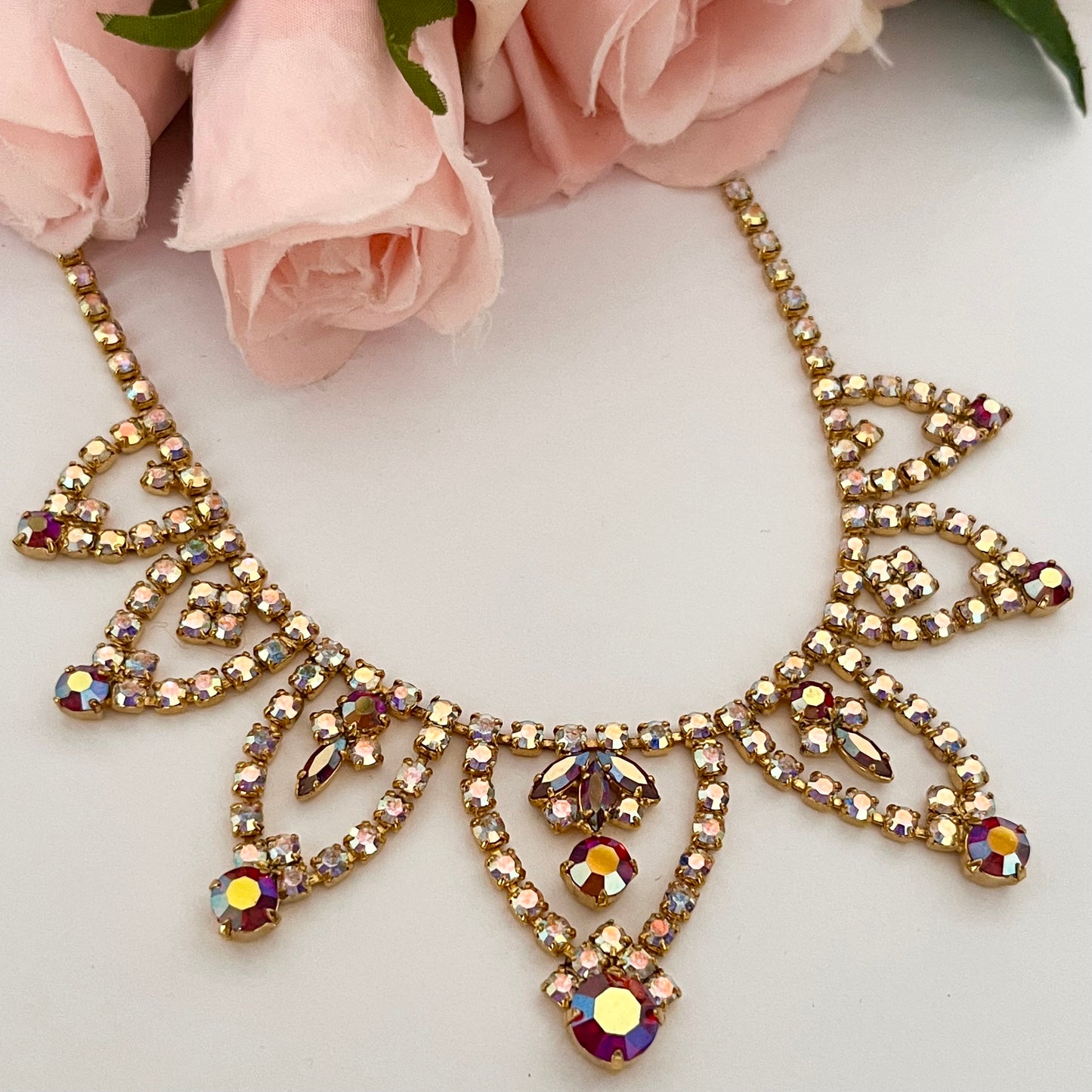 1950s Aurora Borealis Gold Plated Statement Necklace