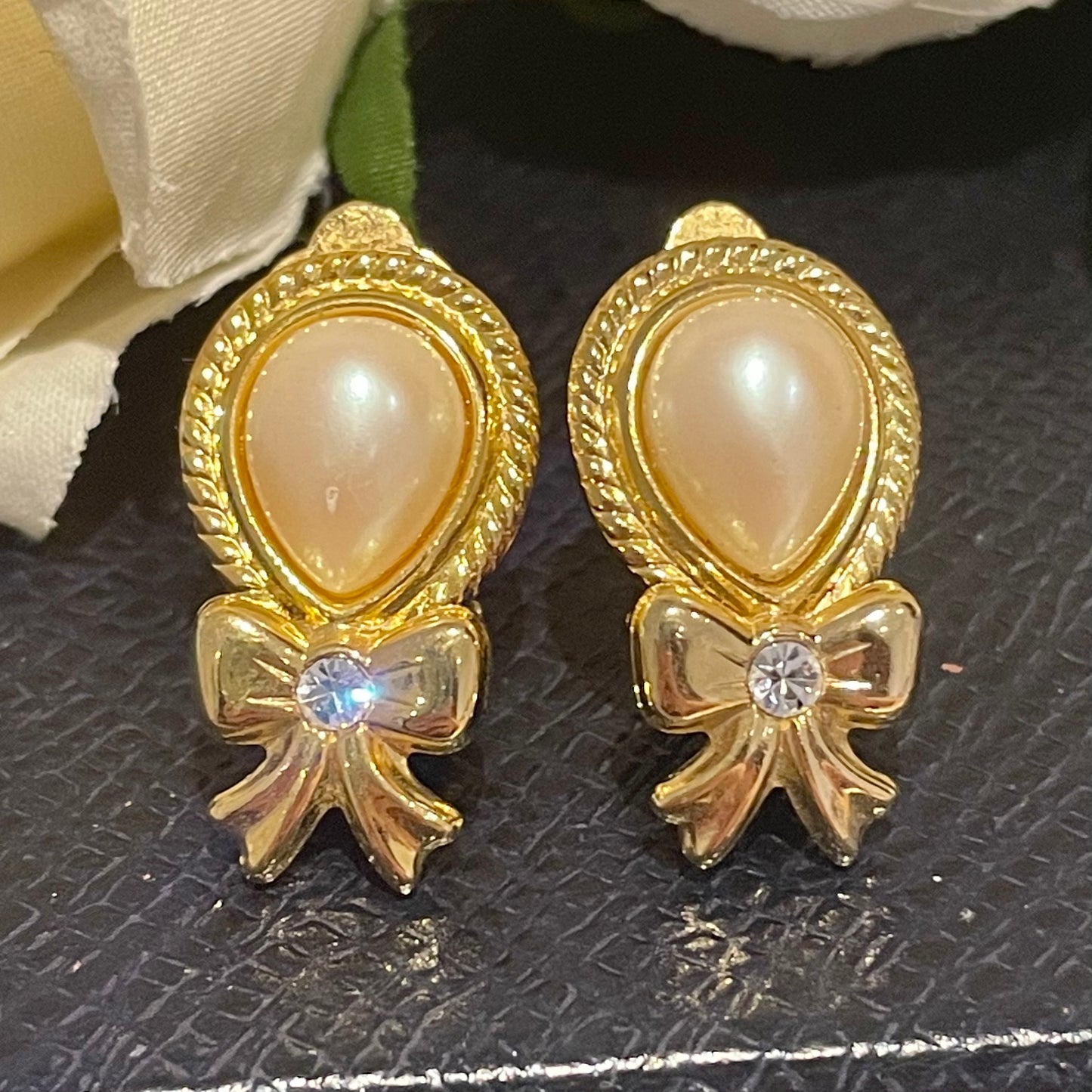 Cute 1980s Gold Plated and Faux Pearl Clip On Bow Earrings