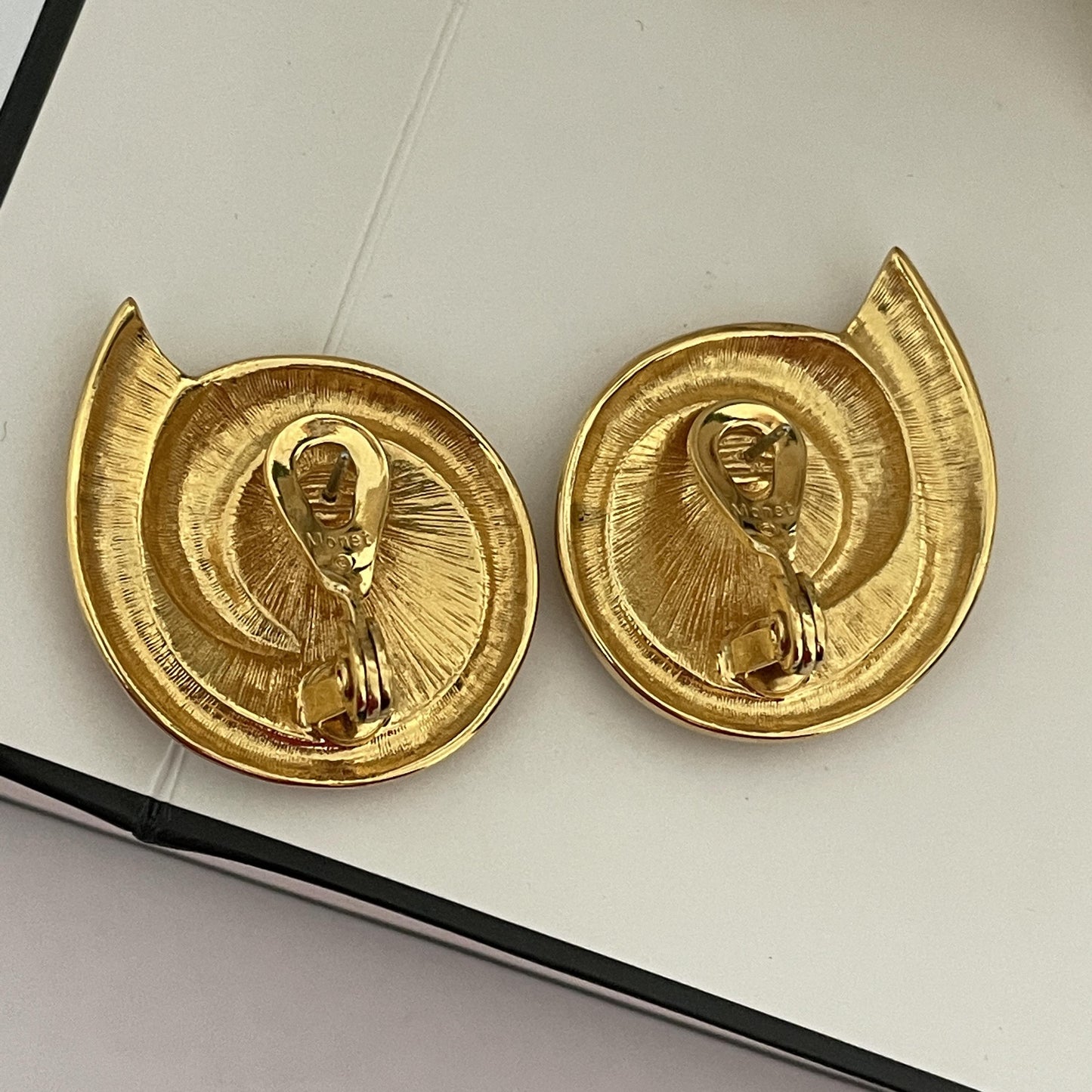 1980s Monet Black Enamel Gold Plated Pierced Statement Earrings