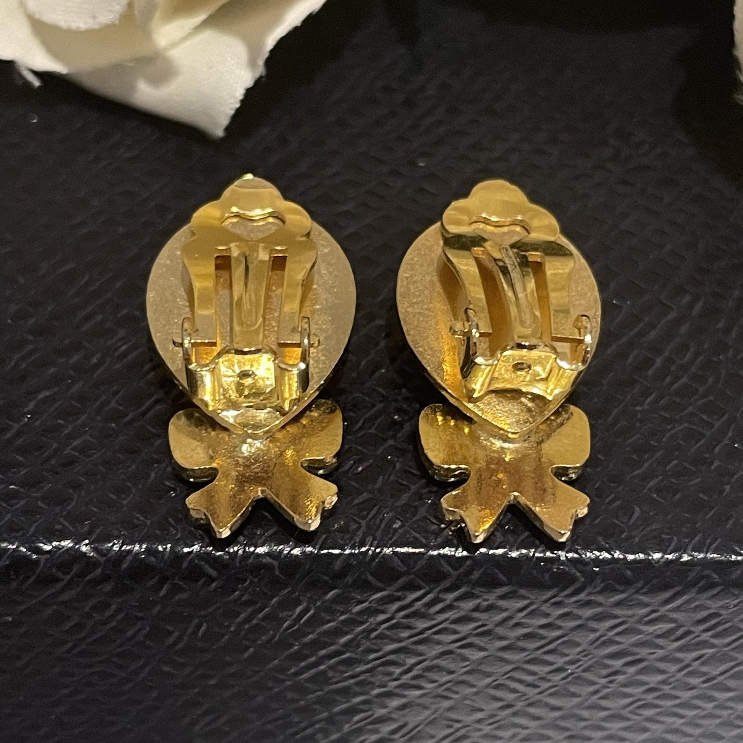Cute 1980s Gold Plated and Faux Pearl Clip On Bow Earrings