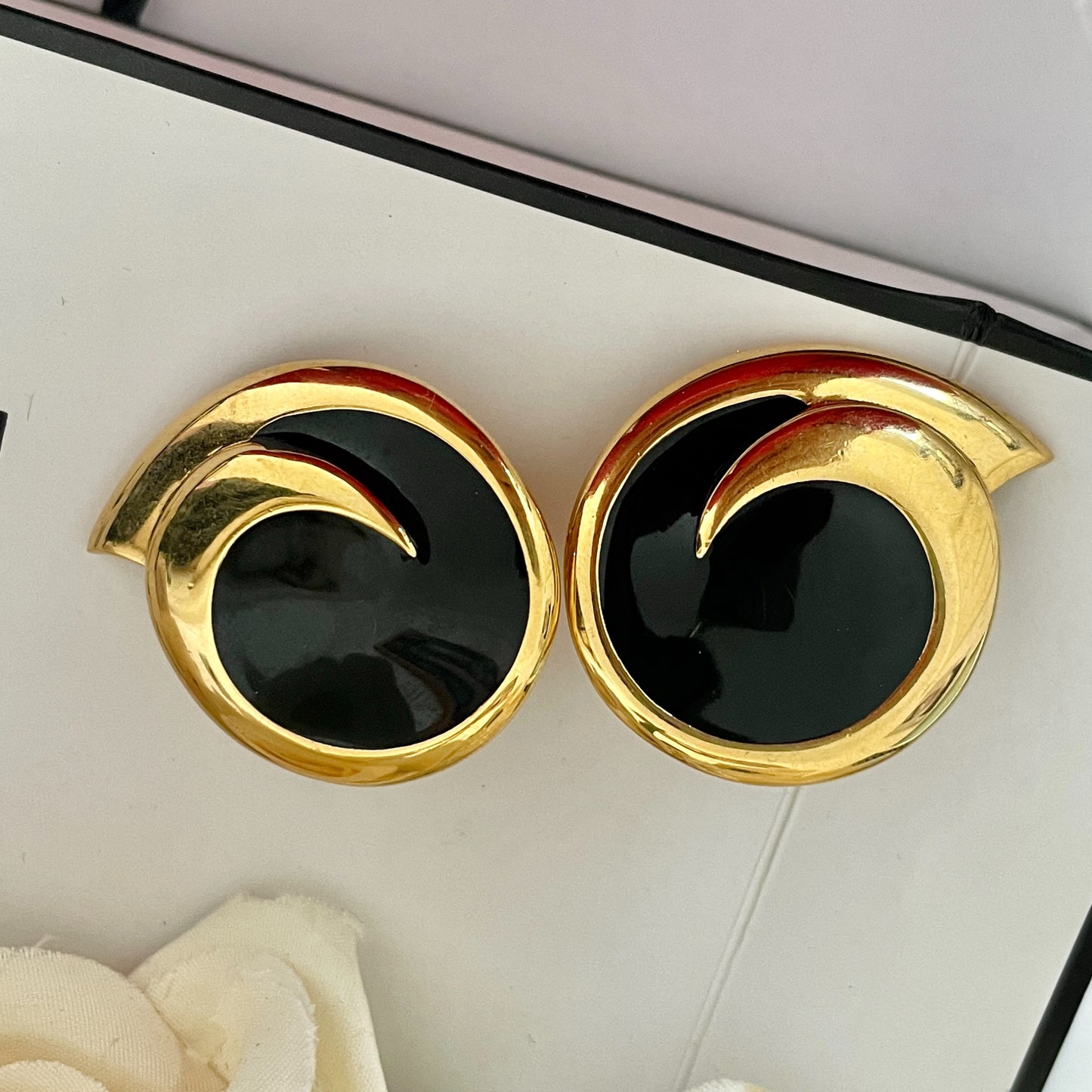 1980s Monet Black Enamel Gold Plated Pierced Statement Earrings