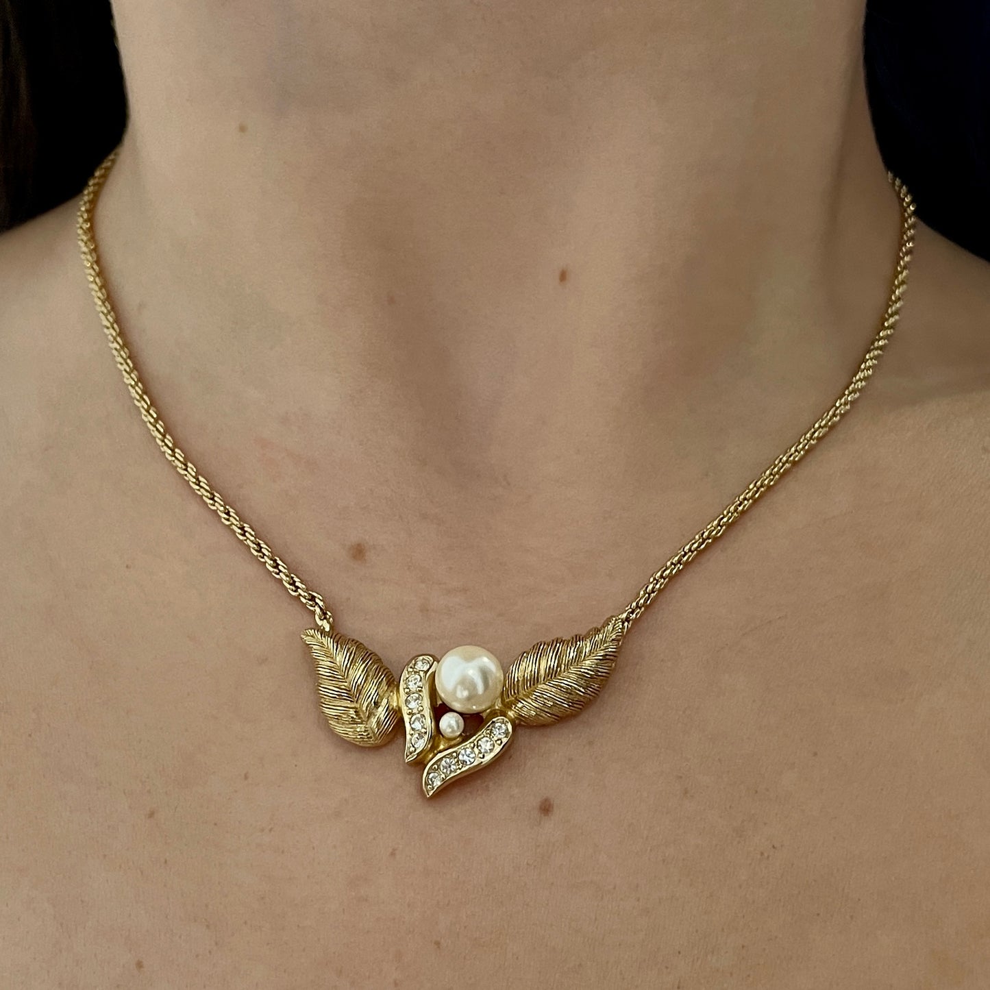 1980s Dior Faux Pearl Diamanté Gold Plated Leaf Pendant Necklace